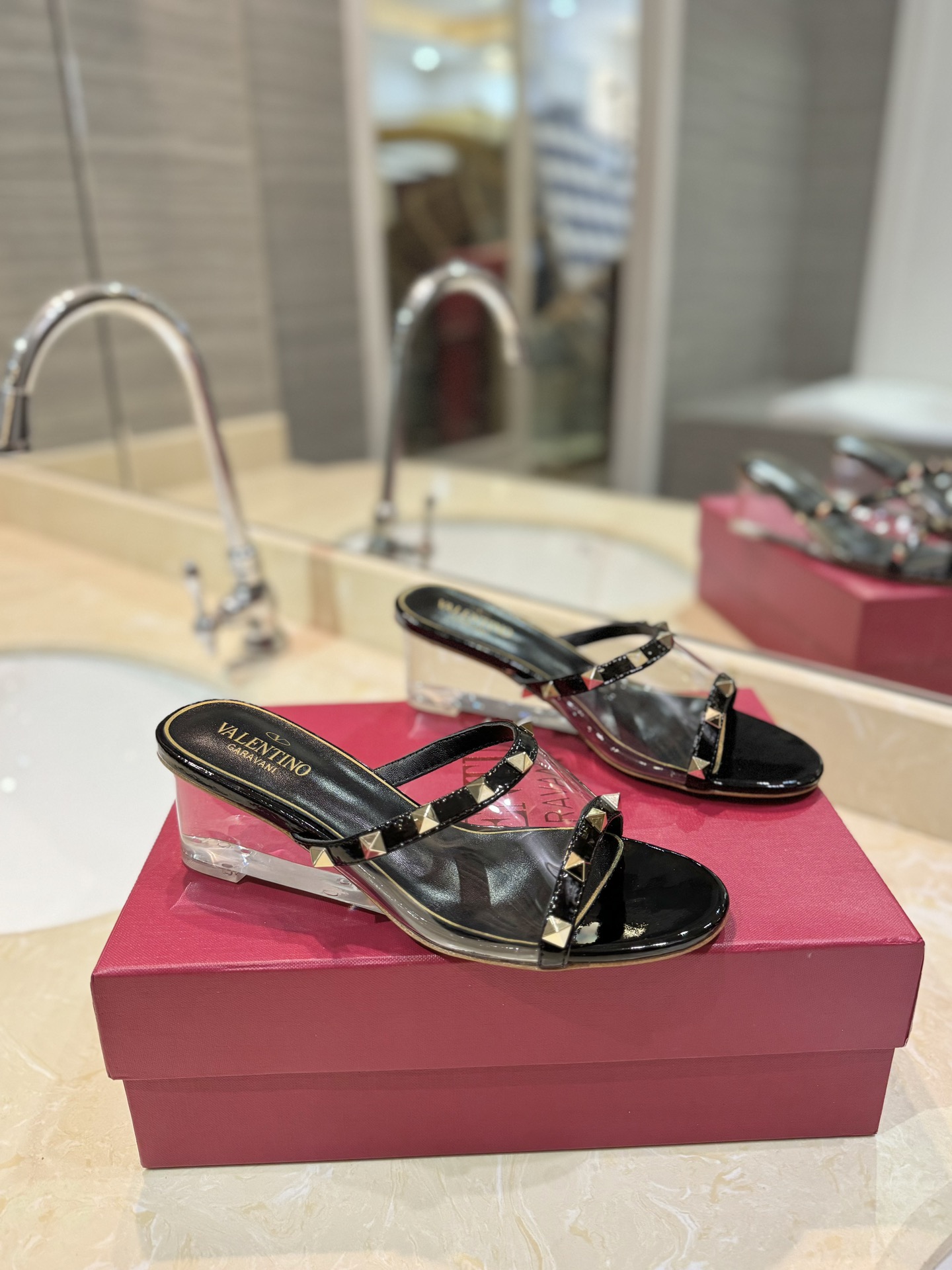 TOP VALENTINO Transparent Heel Slippers with Mini Rivets  - 8 Color