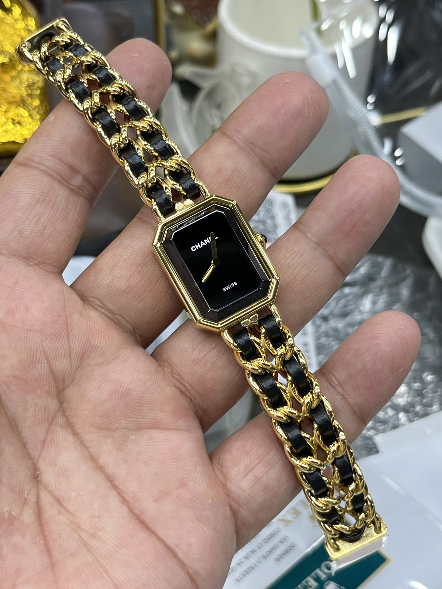 CHANEL Premiere Ladies Watch, Gold Case, Interwoven Leather & Metal Chain Bracelet Wristwatch