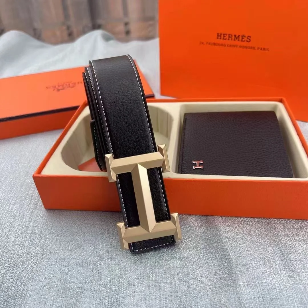 AAABELT Men Lychee Grain Leather Belt & Bifold Wallet Gift Set, Metal Smooth Buckle Waist Belt, Business Gift Box Set