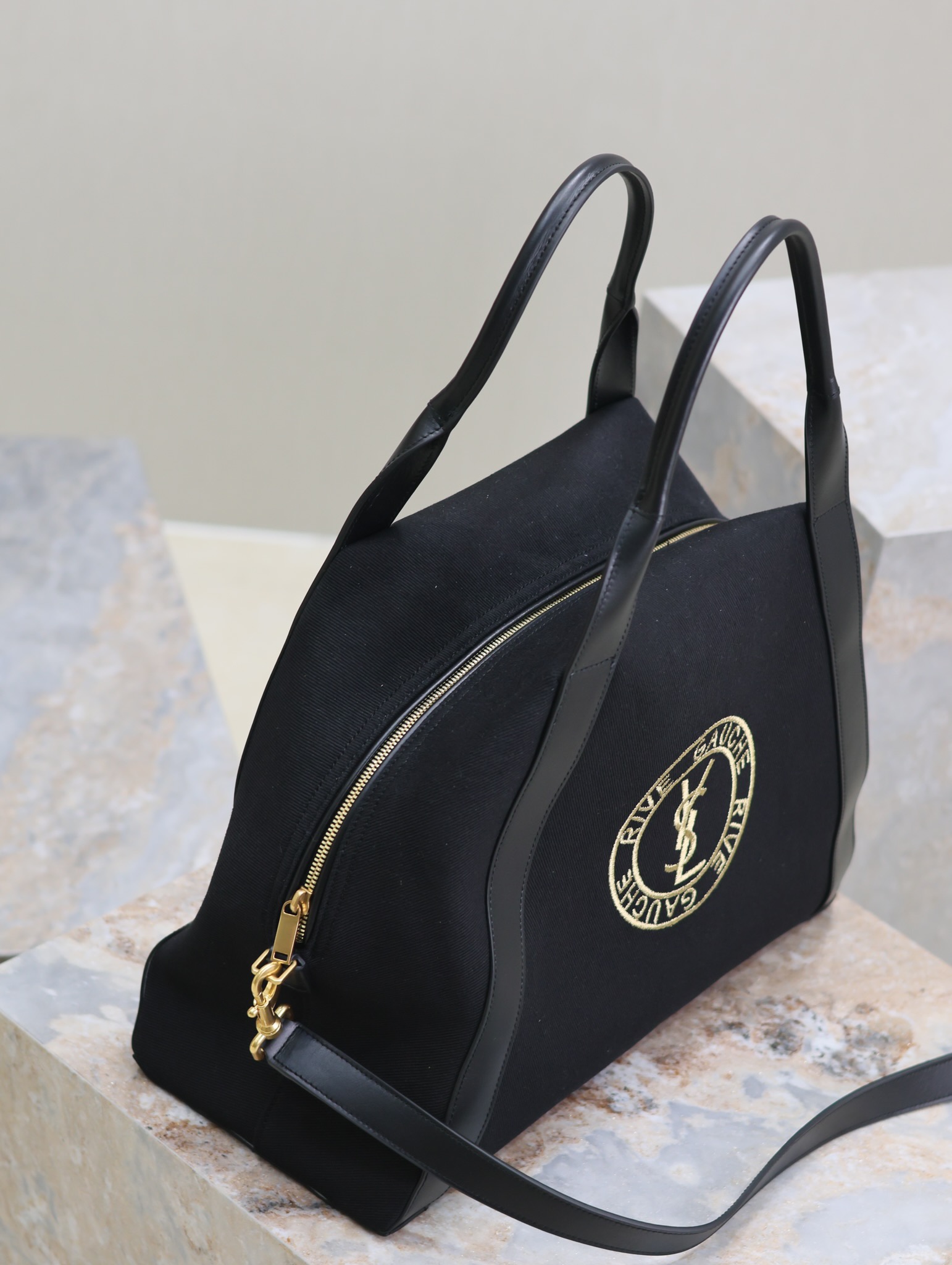 TOP Yves Saint Laurent YSL RIVE GAUCHE Bowling Tote Bag 42×32×18cm - Black