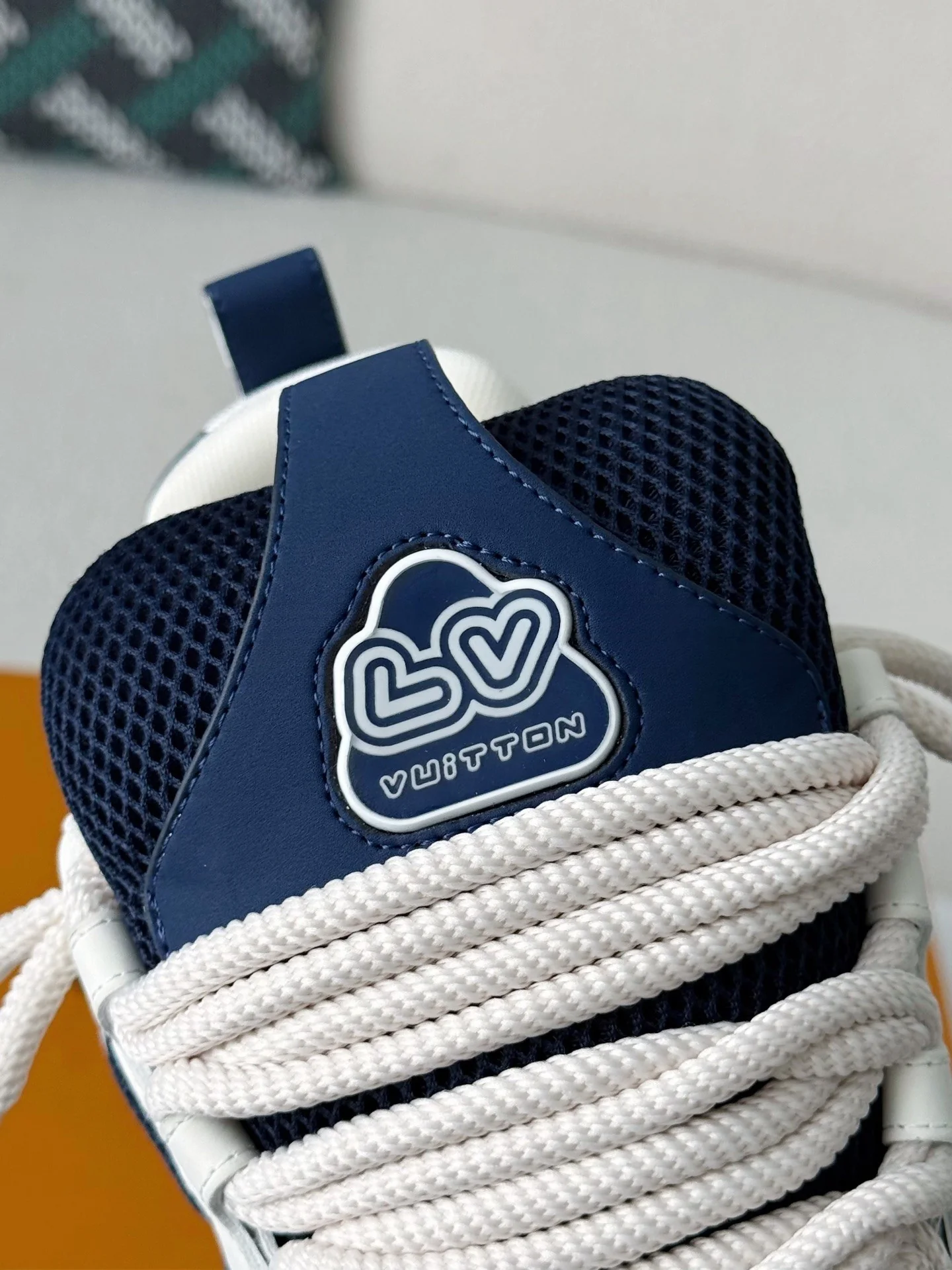 Men Mesh Leather Skate Sneakers, Navy White Color Block Thick Rope Lace‑up Casual Street Shoes