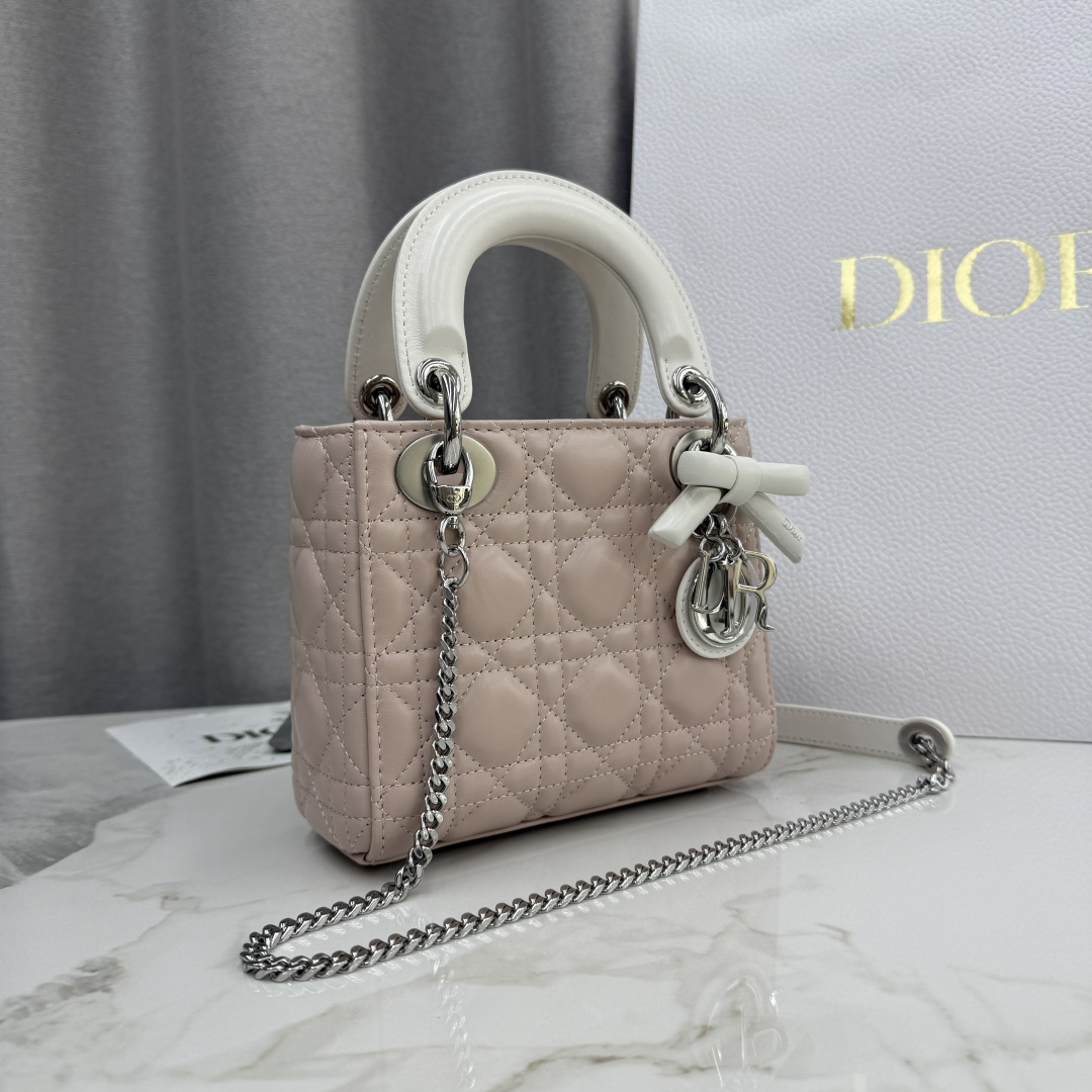 TOP Christian Dior Lady Dior Bag with Bow 17x15x7/20x17x8cm - Pink and White