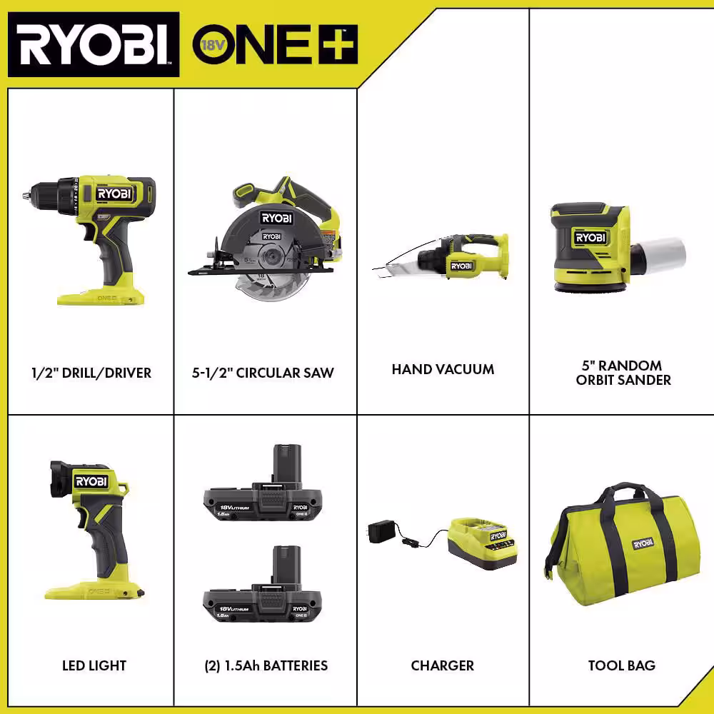 ONE+ 18V Cordless 5-Tool Combo Kit with (2) 1.5 Ah Batteries, Charger, and Tool Bag