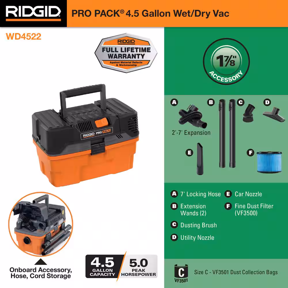 4.5 Gallon 5.0 Peak HP ProPack Shop Vac Wet Dry Vacuum with Fine Dust Filter, Expandable Locking Hose and Accessories