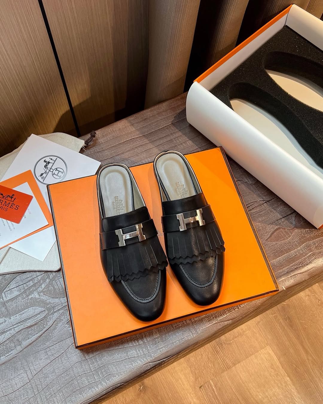 TOP HERMES Rivoli Mules - Black & SHW