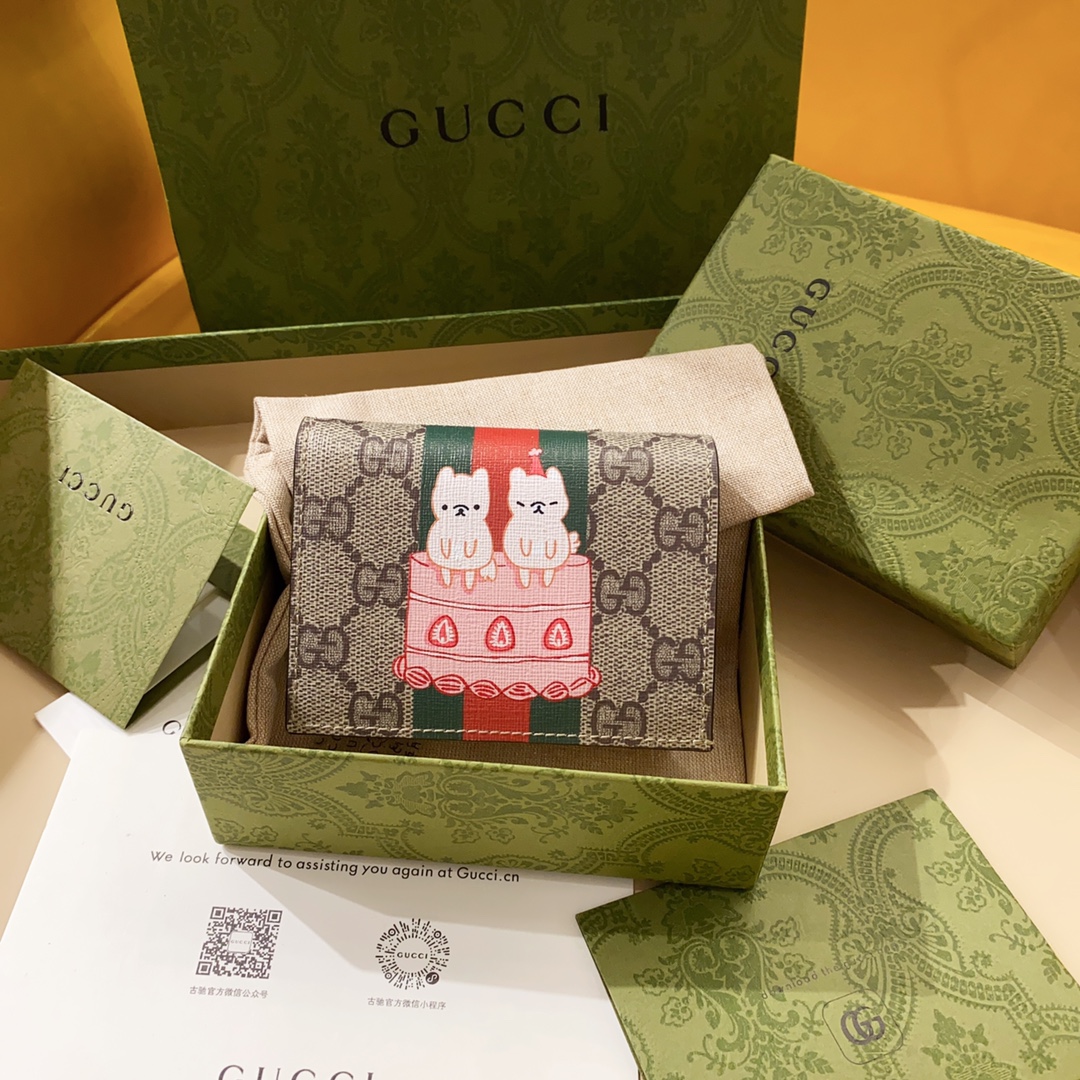 TOP GUCCI Cake Cat Pattern Card Case Wallet 11.5x8x3 cm