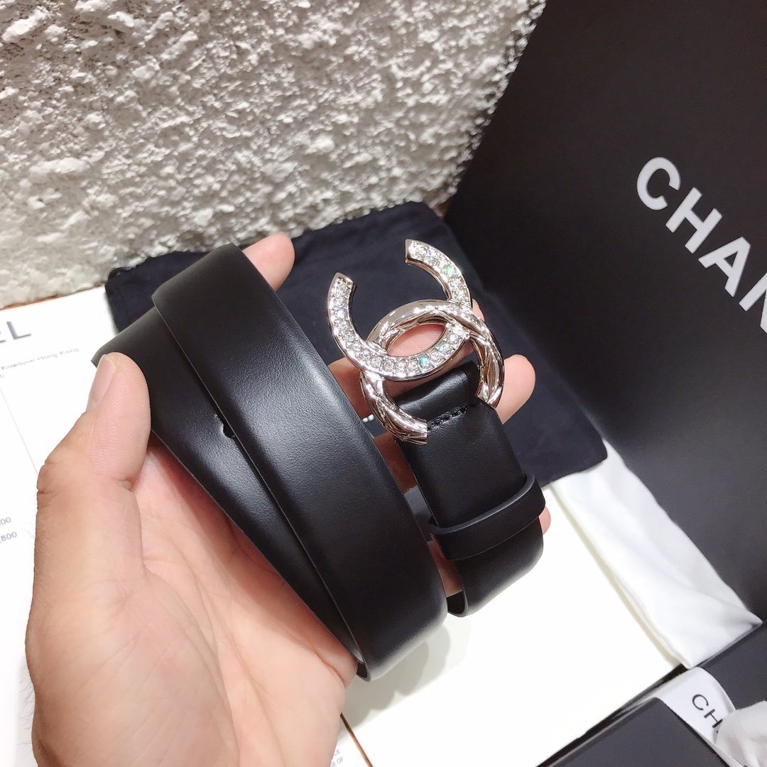 Chanel Black Belt With Double C Buckle Silver-Toned Metal Women Belt 30MM