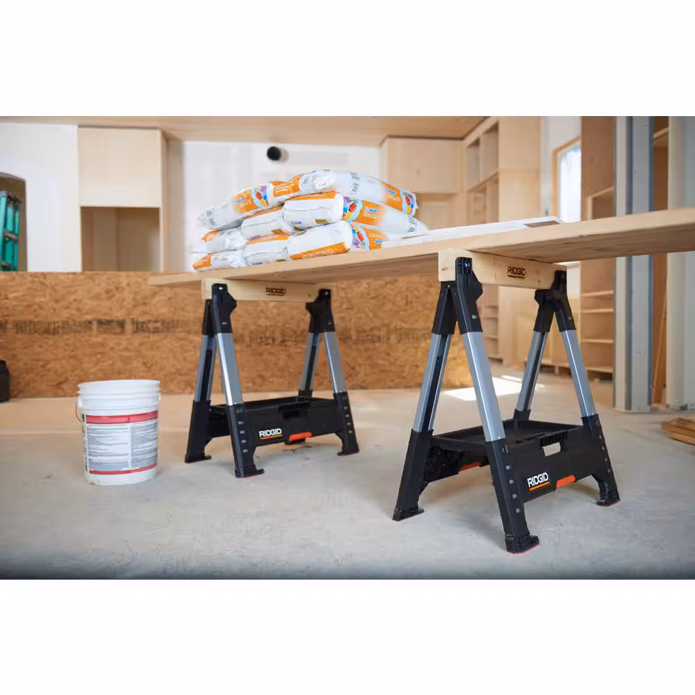 32 in. Polypropylene Folding Sawhorse with Adjustable Heavy Duty Metal Legs, 3000 lbs. Capacity, and Under Storage Space