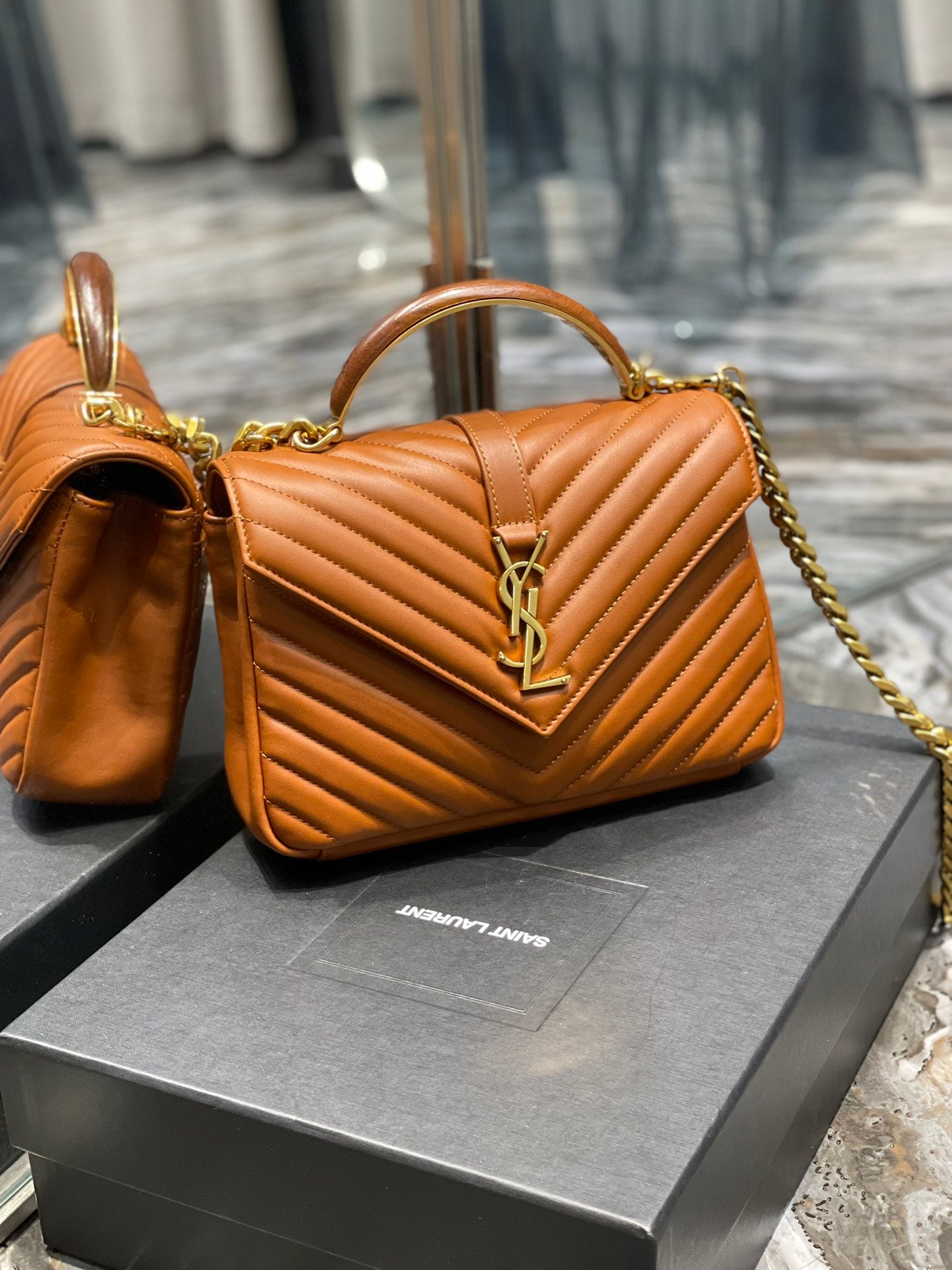 TOP Yves Saint Laurent YSL College Wooden Top Handle Leather Small Bag - Brown