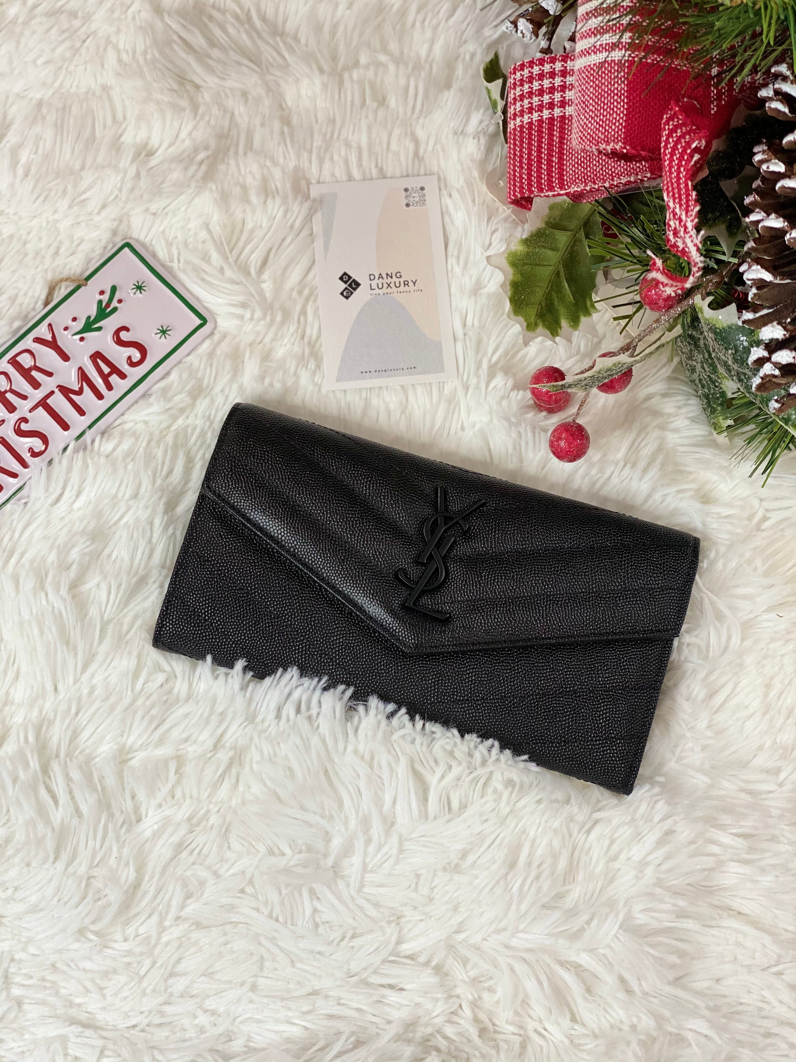 TOP Yves Saint Laurent YSL Black YSL Chevron Quilted Grained Leather Metalsse Wallet - ALL BLACK