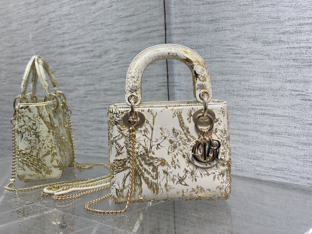 TOP Christian Dior Lady Dior Bag Embroidered Golden Magpie Beads 17x7.5x14cm - White