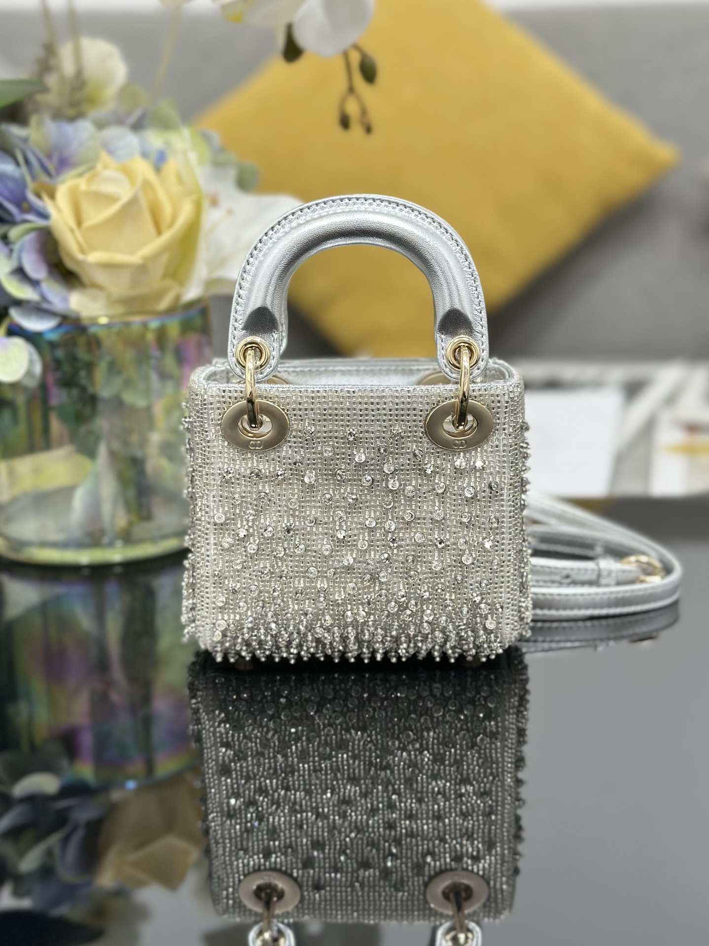 TOP Christian Dior Super Mini Embroidery Beads Lady Christian Dior Bags 12x10.2x5 cm- Silver