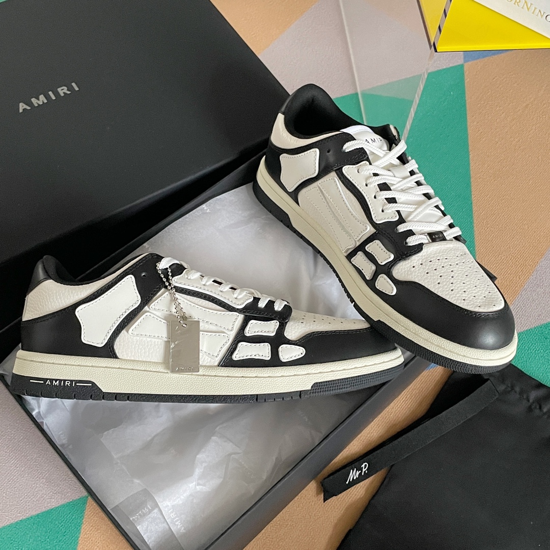 AMIRI Skeleton Low Top Sneakers, Black White Leather Casual Skate Shoes