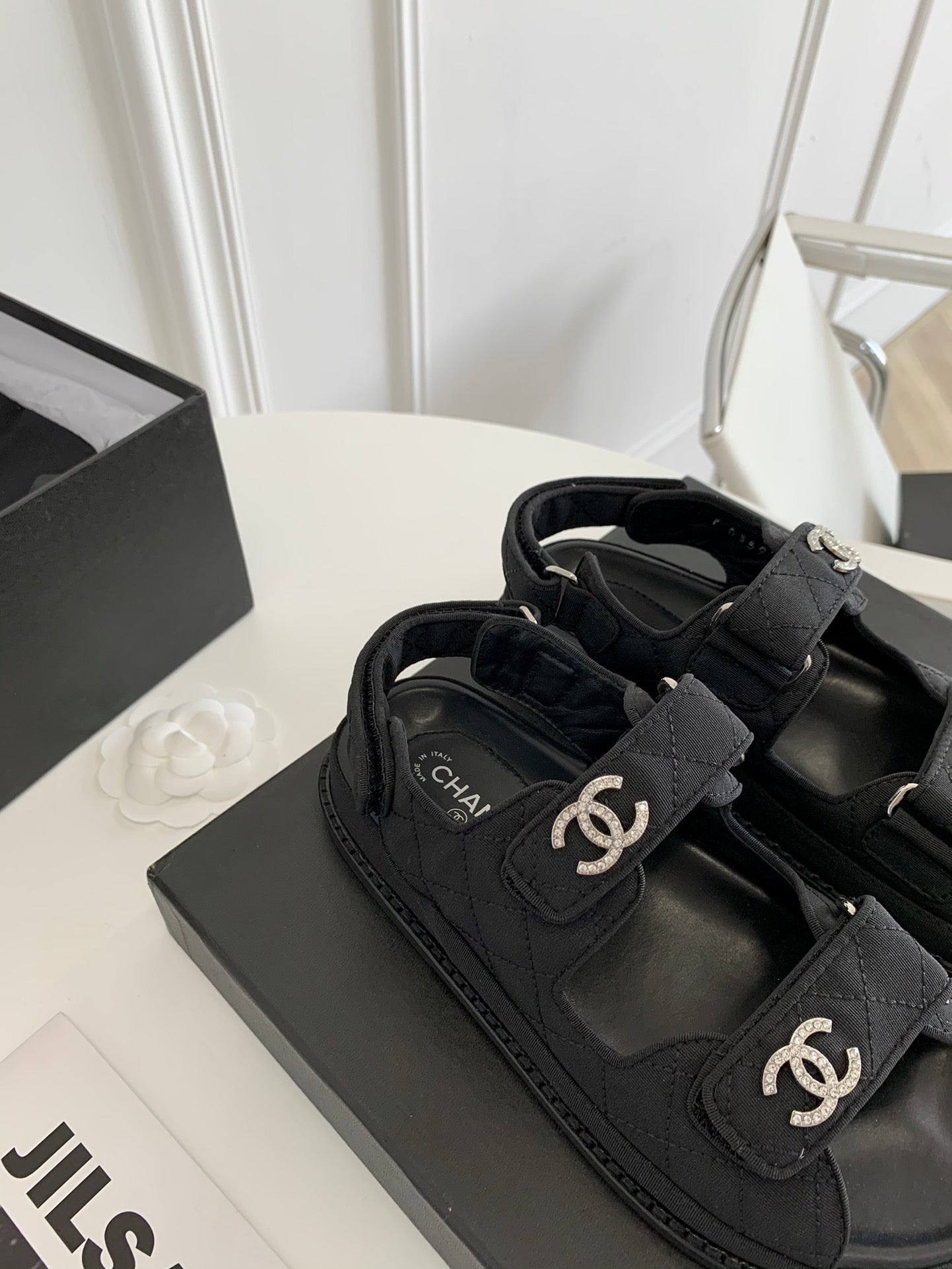 TOP CHANEL Dad Sandals Canvas Strappy Stones Logo - Black