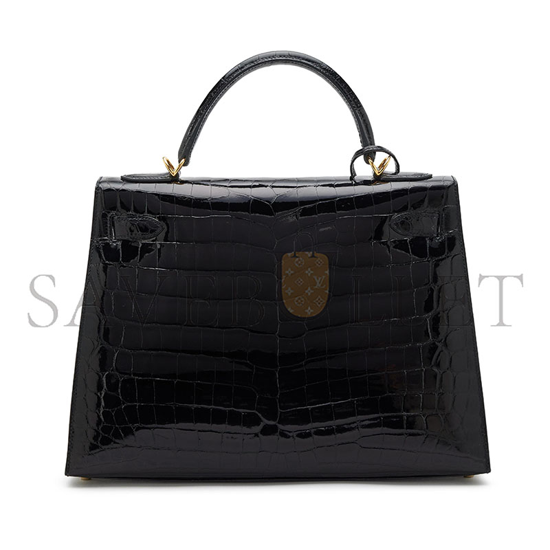 HERMÈS BLACK SHINY NILOTICUS CROCODILE SELLIER KELLY 32 GOLD HARDWARE 147892 (32*23*11cm)