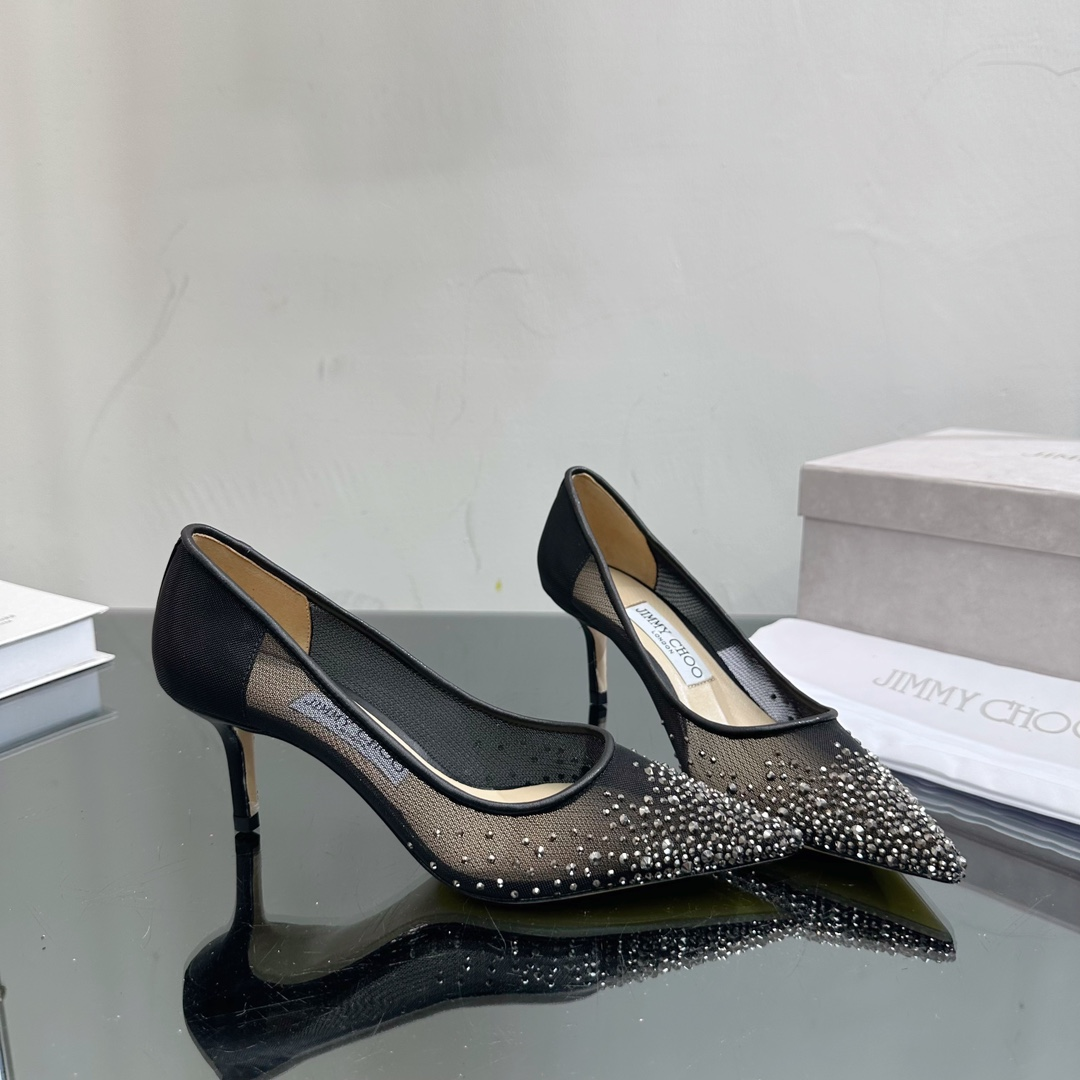 Jimmy Choo Black Mesh Pointed Stiletto Heels  Slide Sandal (Replica)