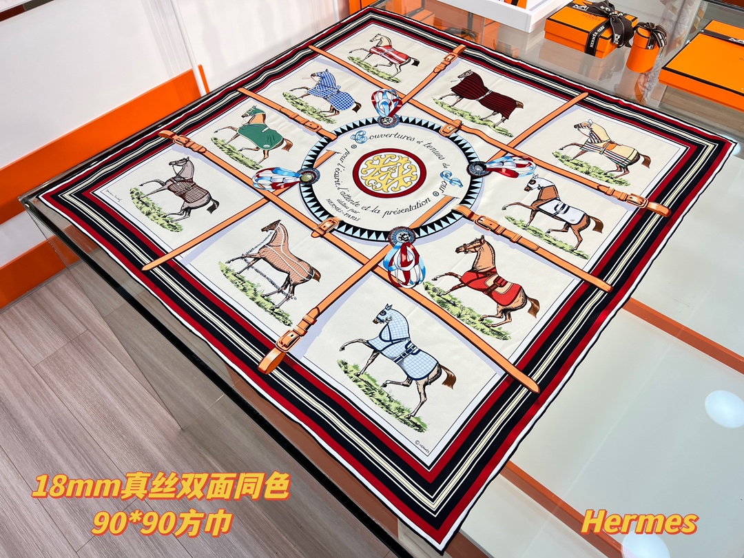 TOP HERMES Square Silk Scarf 90*90cm - Beige