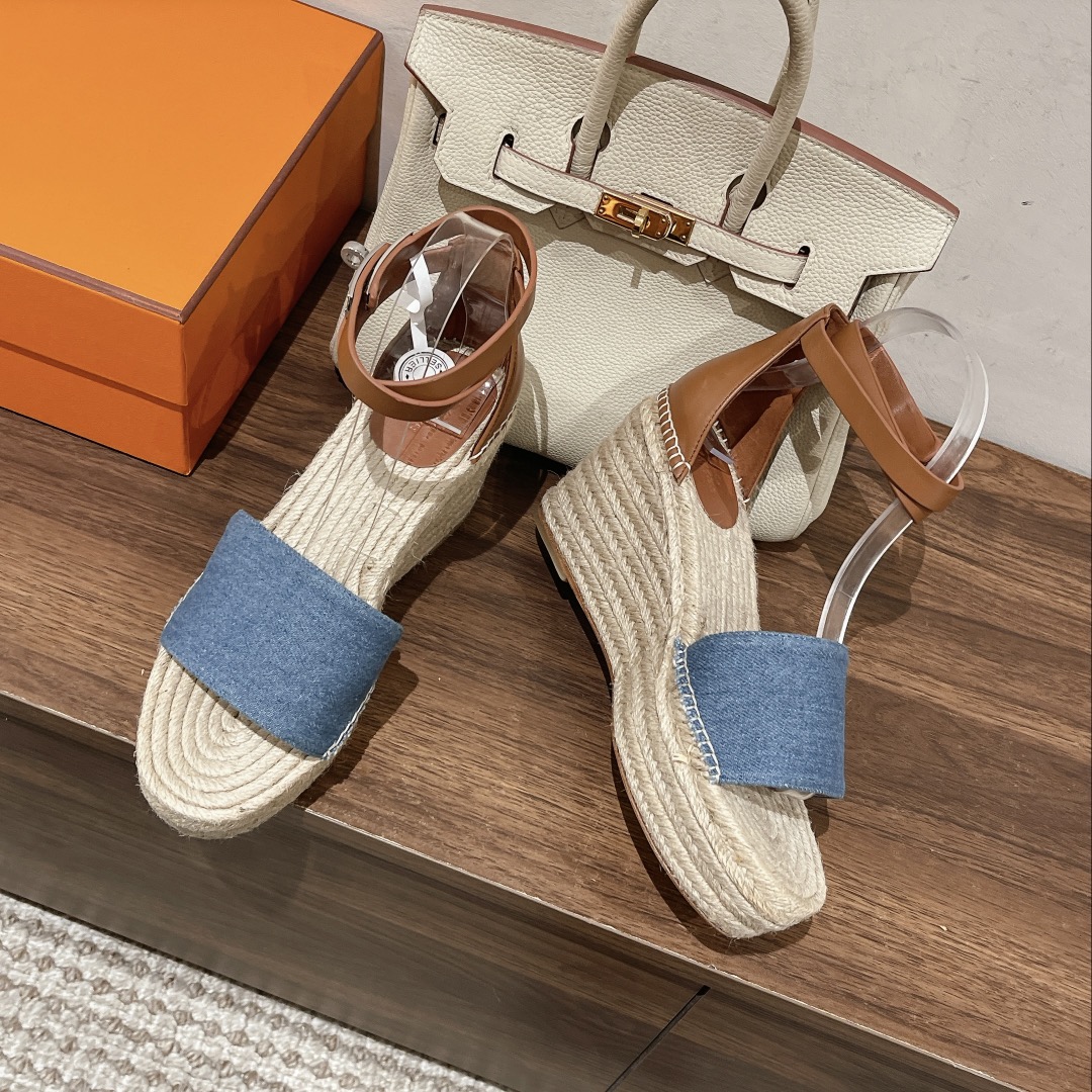 TOP HERMES straw plaited article Sandals - Blue