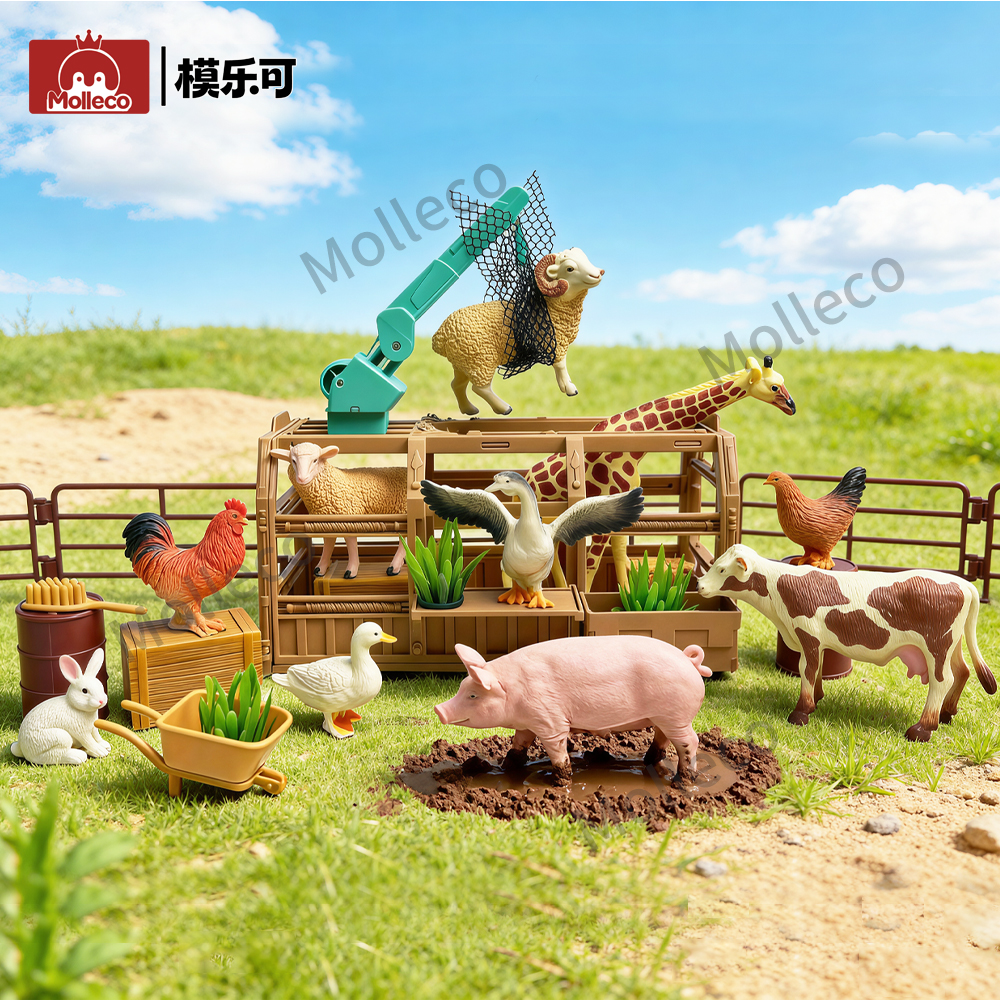 Molleco Animal Figure Toy Set for Kids and Children ST078 11 Animals + Farmer + Animal Cage + Props