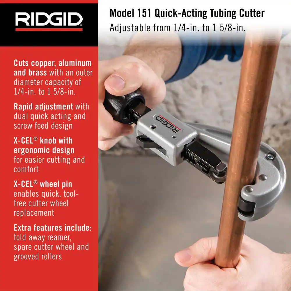 1/4 in. to 1-5/8 in. 151 Quick Acting Copper Pipe & Aluminum Tubing Cutter w/ Easy Change Wheel Pin + Spare Wheel