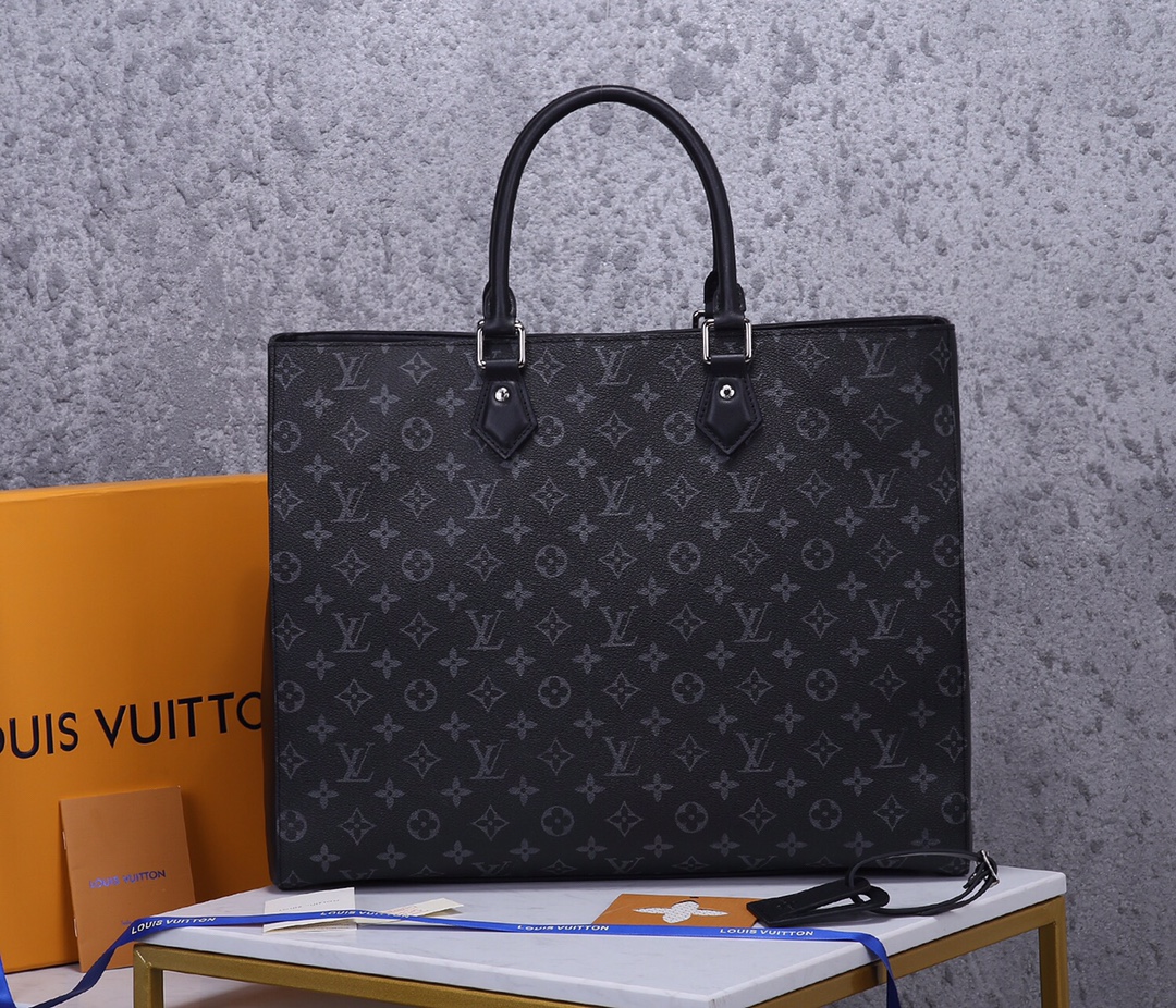 TOP Louis Vuitton LV Sac Plat Monogram Eclipse Tote Bag 34x42x14cm-Black