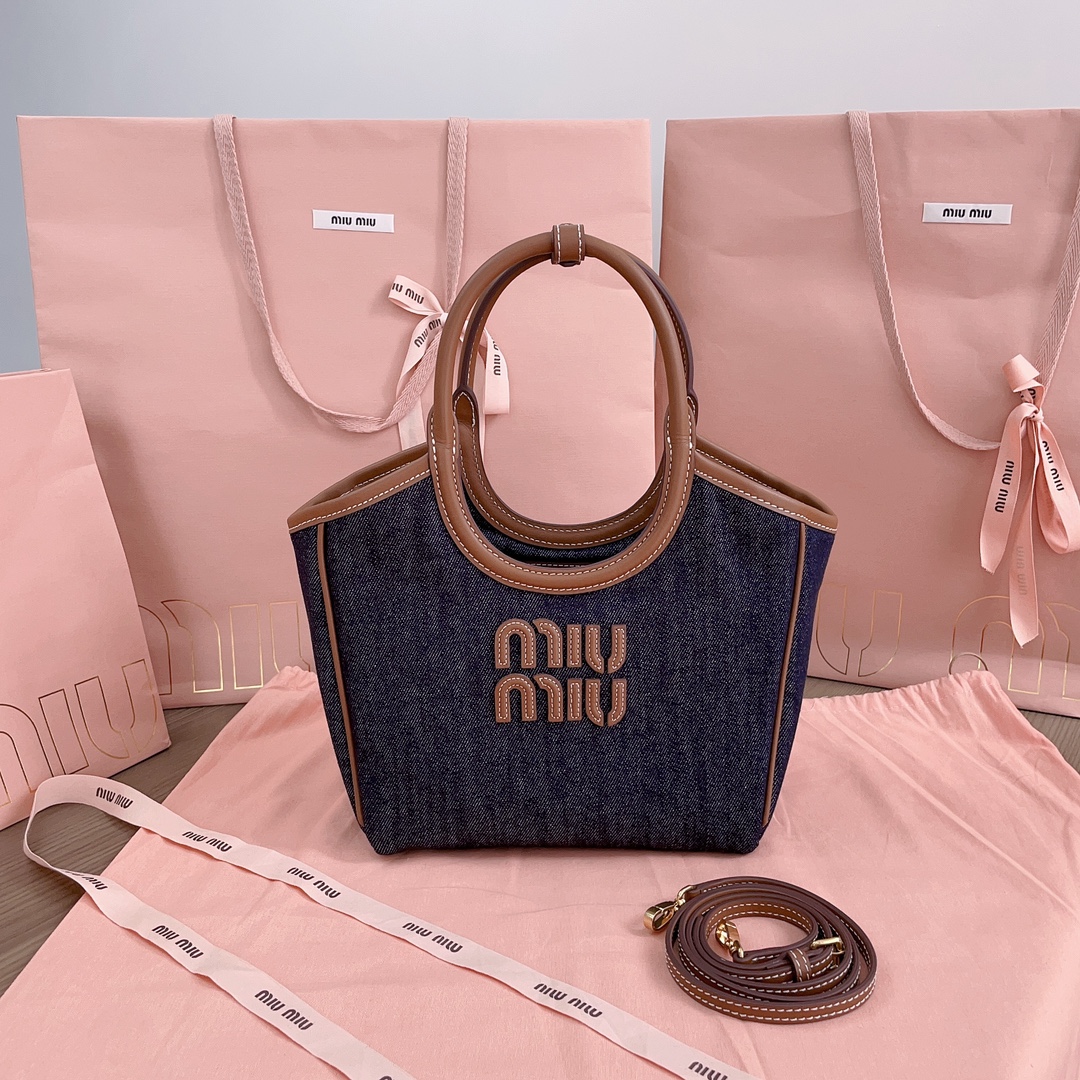 TOP Miu Miu Isedan Tote Bag Denim with Calfskin 22x14x11cm/28x26x12.5cm/38x38x18cm - Denim Blue