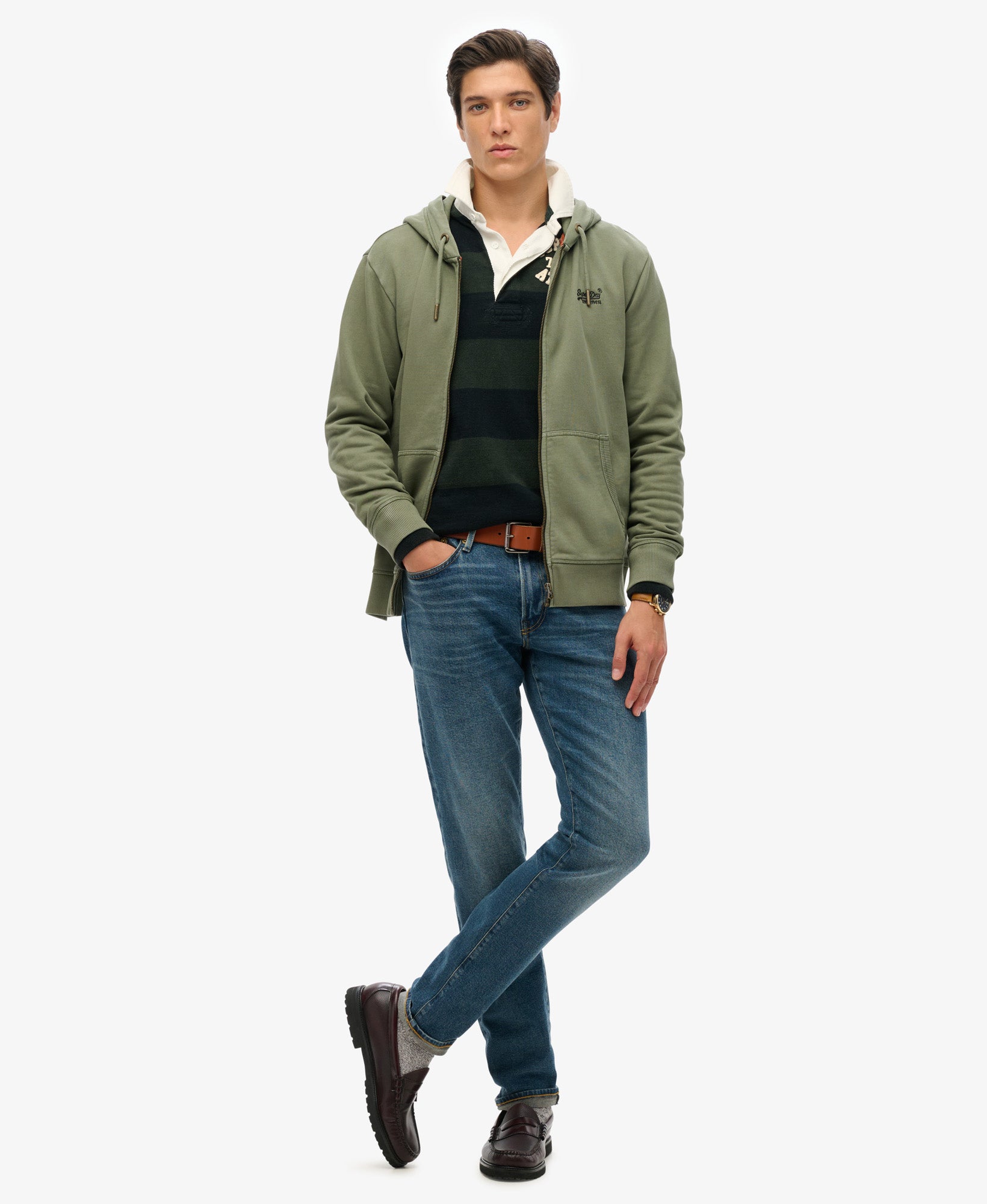 Essential Logo Washed Ziphood | Washed Beetle Green