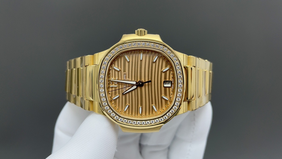 PATEK PHILIPPE Nautilus Yellow Gold Diamond Bezel Automatic Mechanical Men's Watch, Gold Dial Luxury Steel Wristwatch