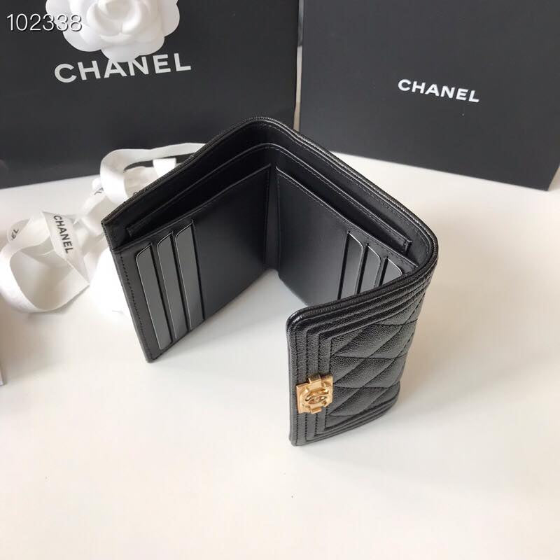 TOP CHANEL Boy Trifold Wallet Caviar Skin - Black W GHW