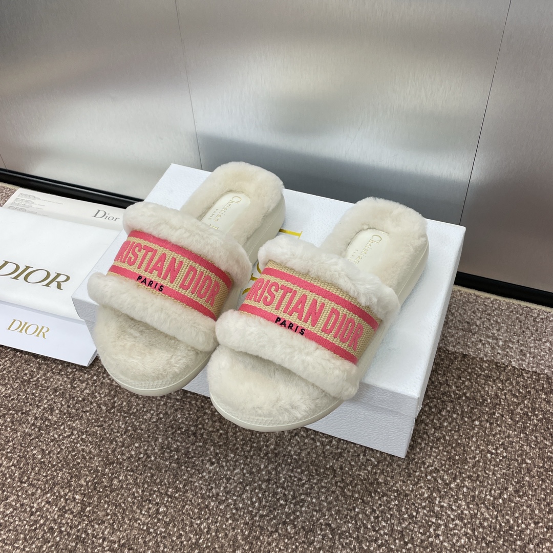 TOP Christian Dior IVIERA EVOLUTION Embroidery LOGO Rattan Grid Thick Bottom Fur Slippers - 4 Color