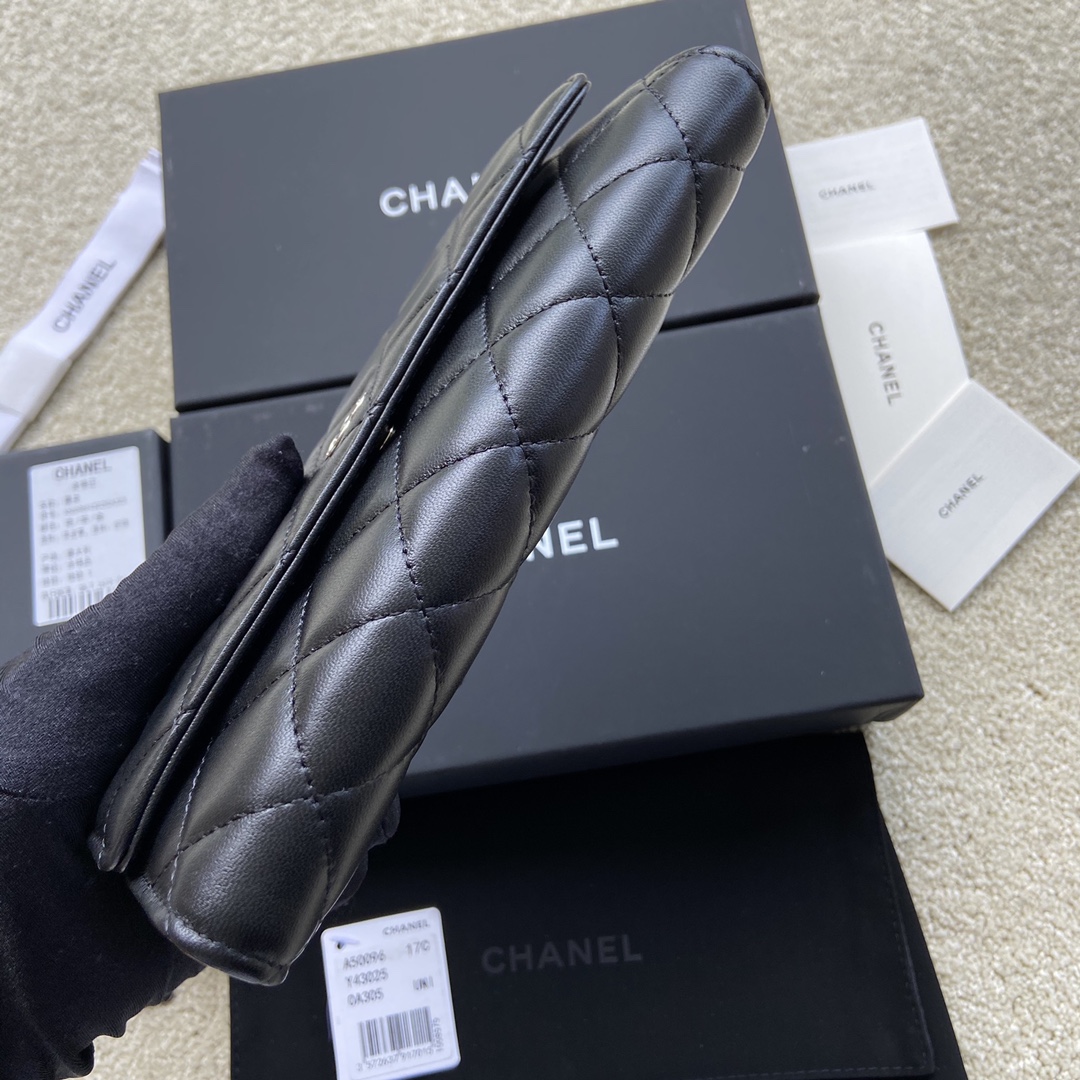TOP CHANEL Long Folding Lambskin Wallet 19×10.5×3cm - Black & GHW/SHW