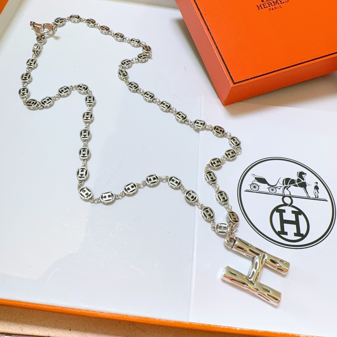 TOP HERMES H Long Necklace-Sliver