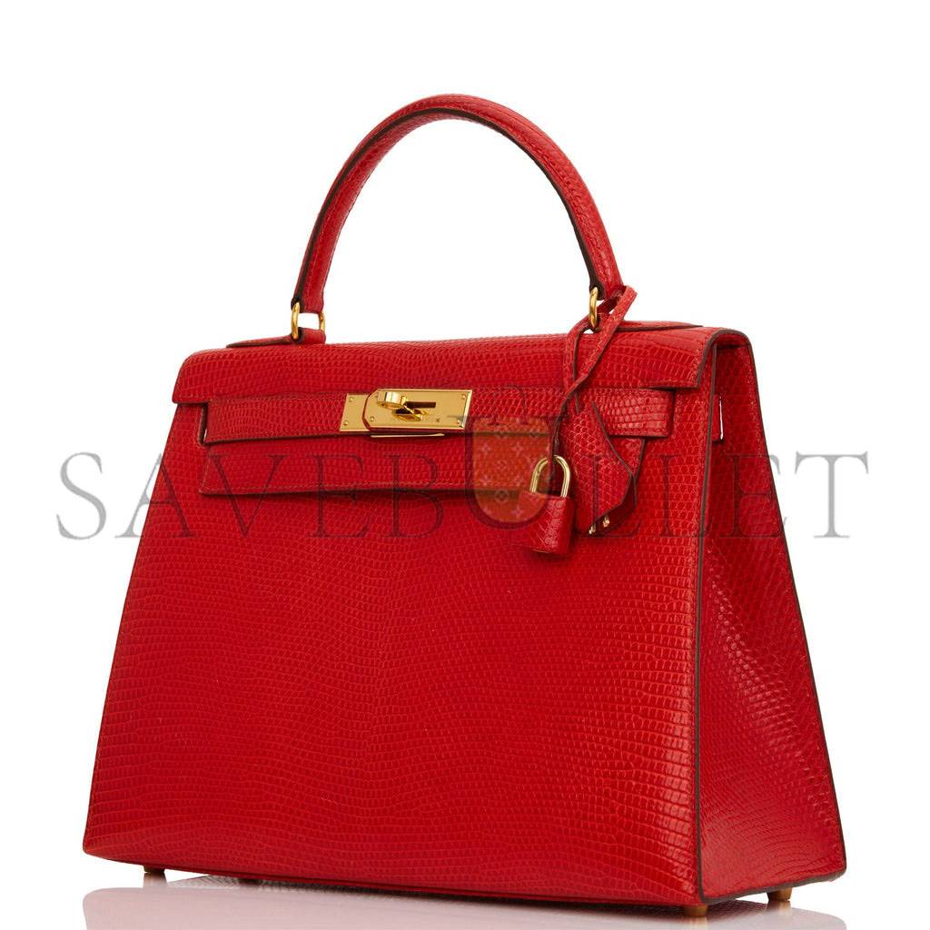 Hermes Kelly Sellier 28 Rouge Vif Lizard Niloticus Gold Hardware