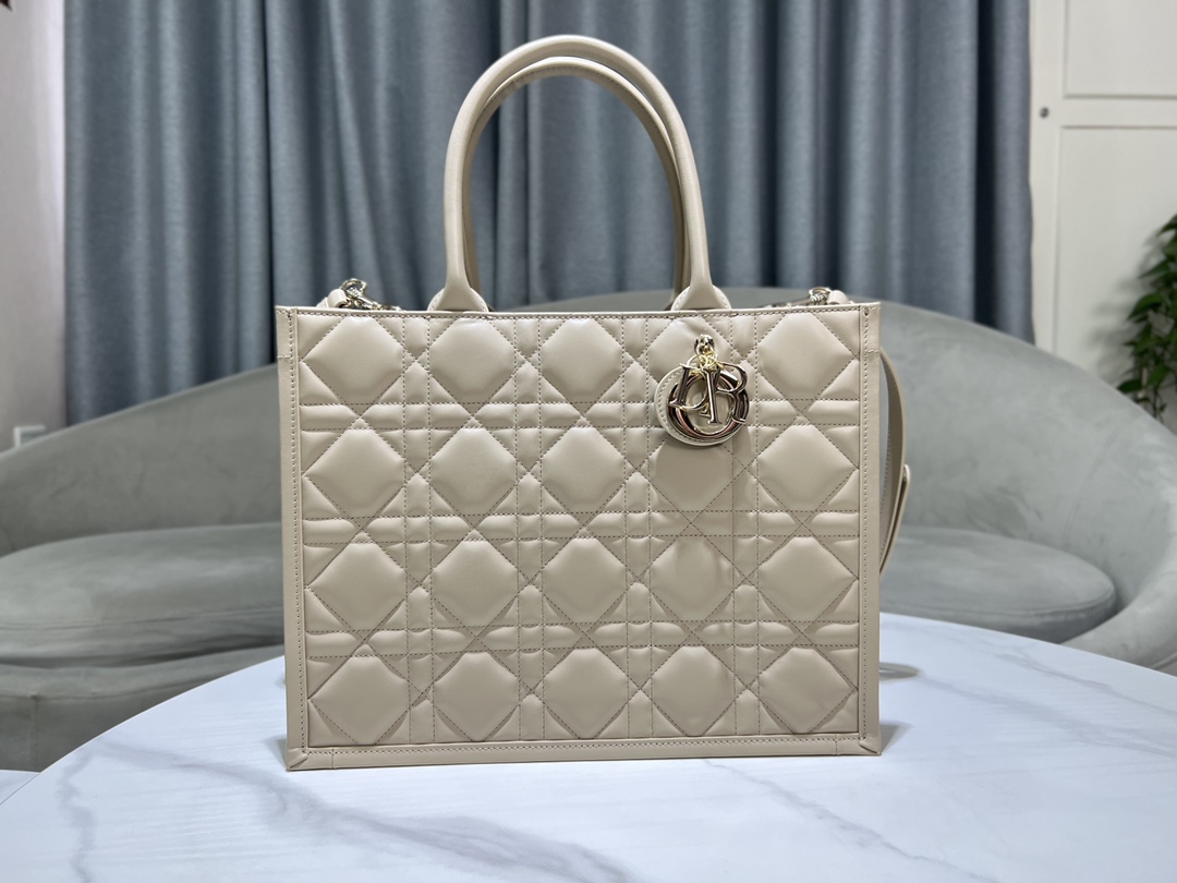 TOP Christian Dior Calfskin Leather Book Tote Bags 36.5x28x17.5cm - Apricot