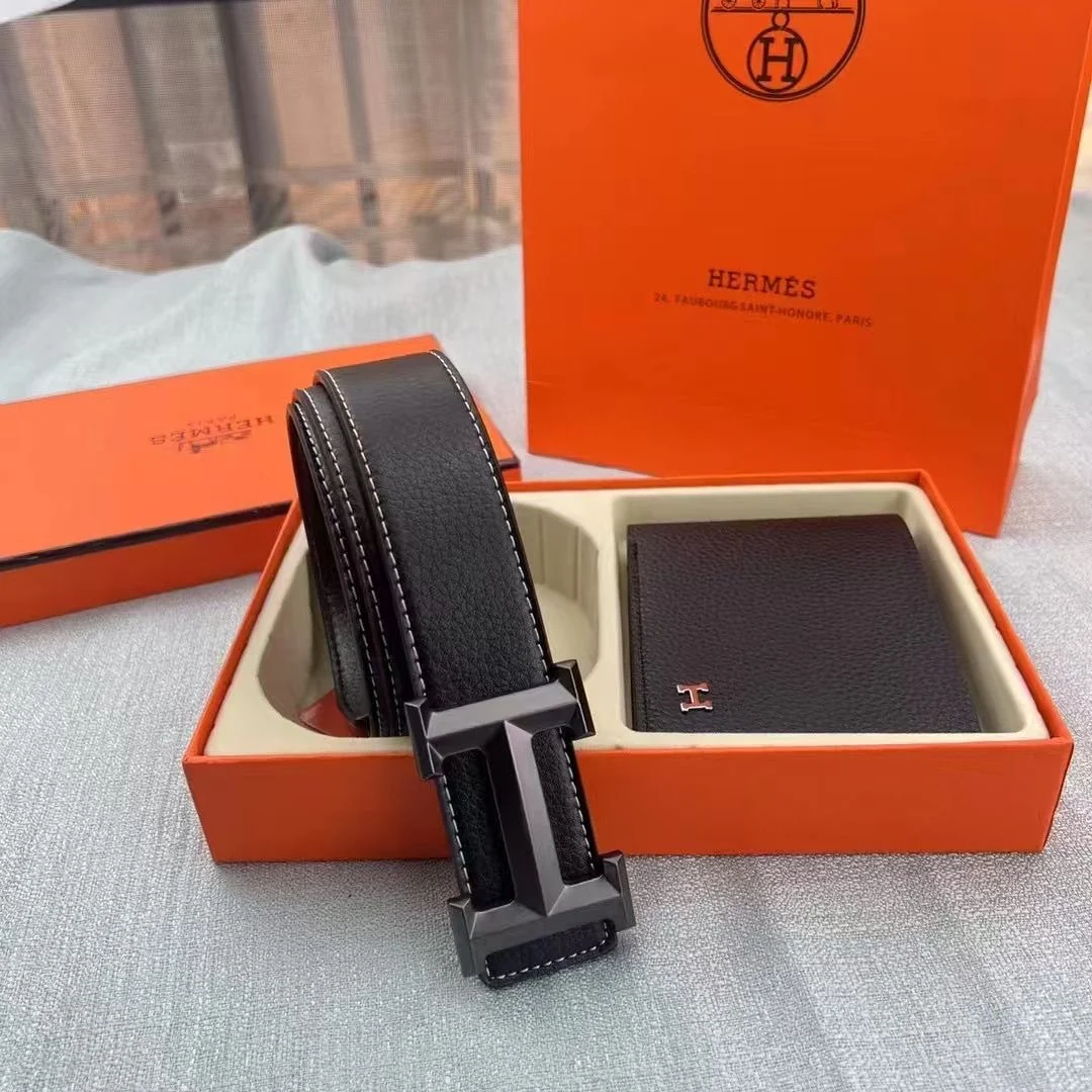 AAABELT Men Lychee Grain Leather Belt & Bifold Wallet Gift Set, Metal Smooth Buckle Waist Belt, Business Gift Box Set