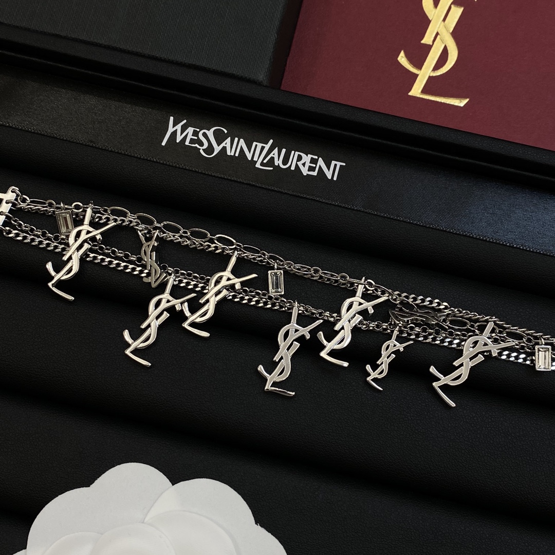 TOP Yves Saint Laurent YSL Bracelet with Logos - Silver