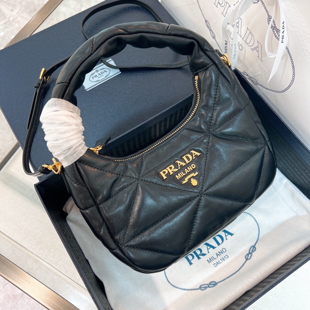 TOP PRADA Lambskin Hobo Bags 21*12.5*6.5cm/40*27*11.5cm - Black
