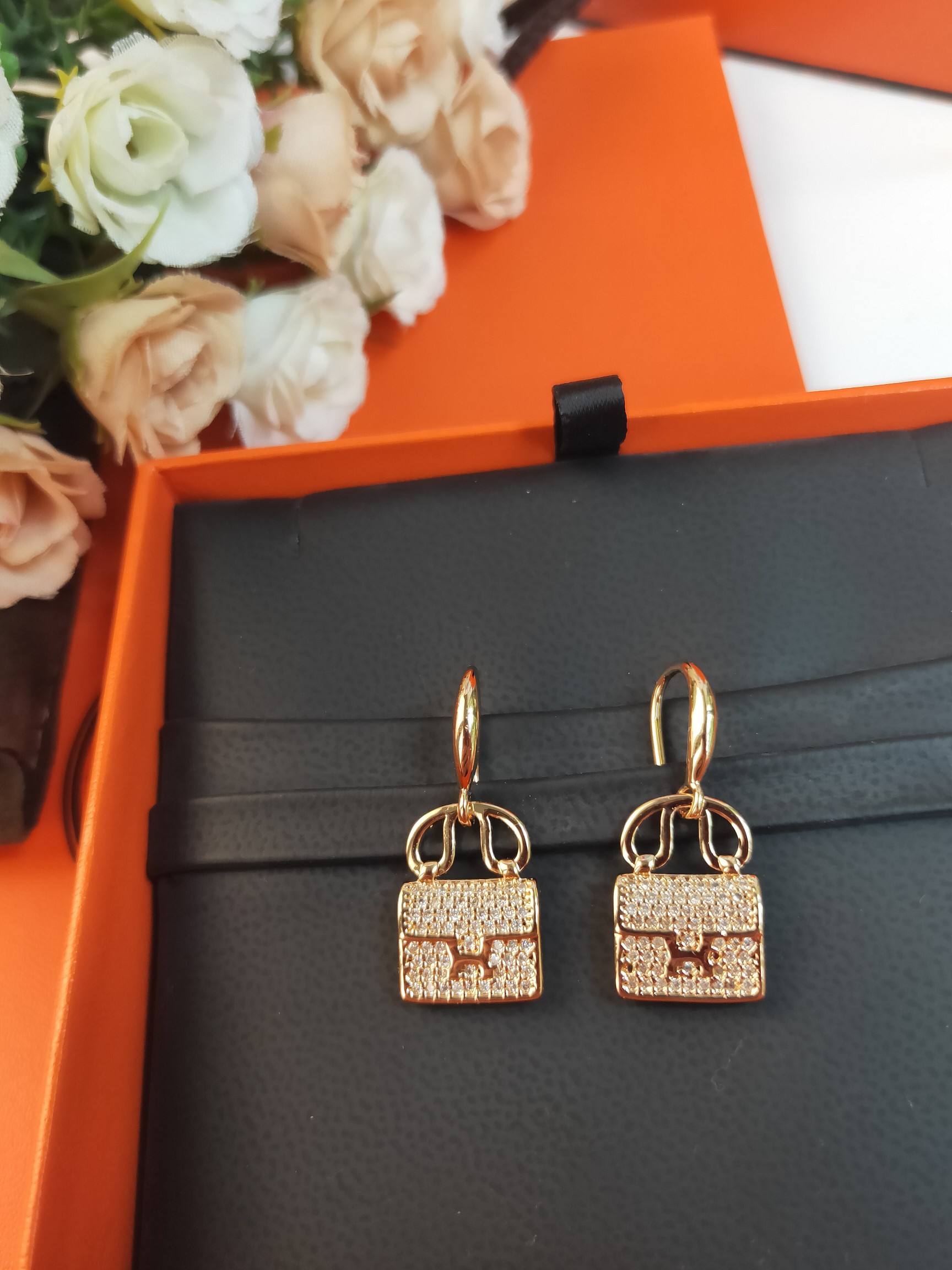 TOP HERMES Diamond Bag Earring-Gold