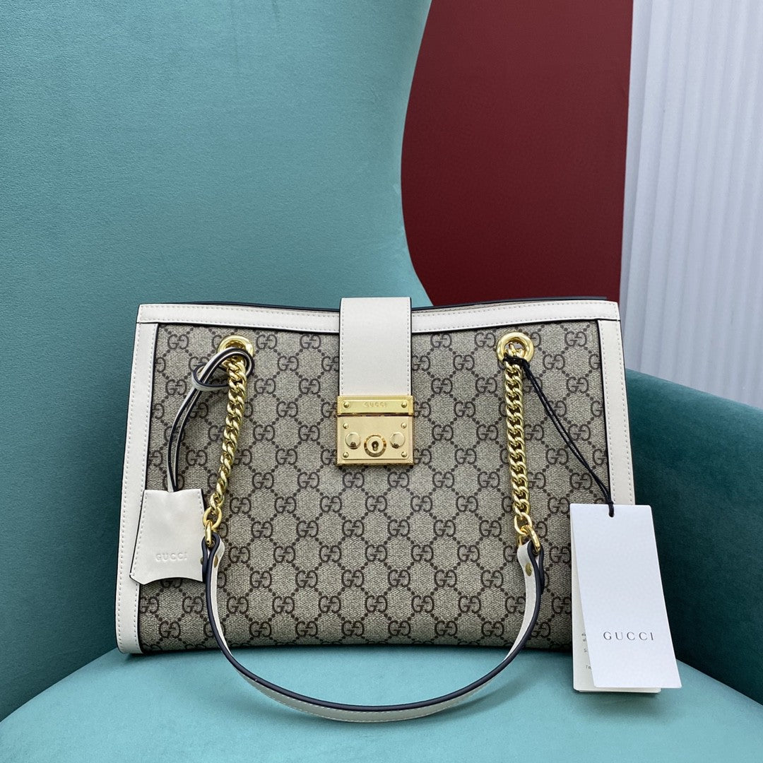 TOP GUCCI G*G Padlock Chain Small Tote  - White