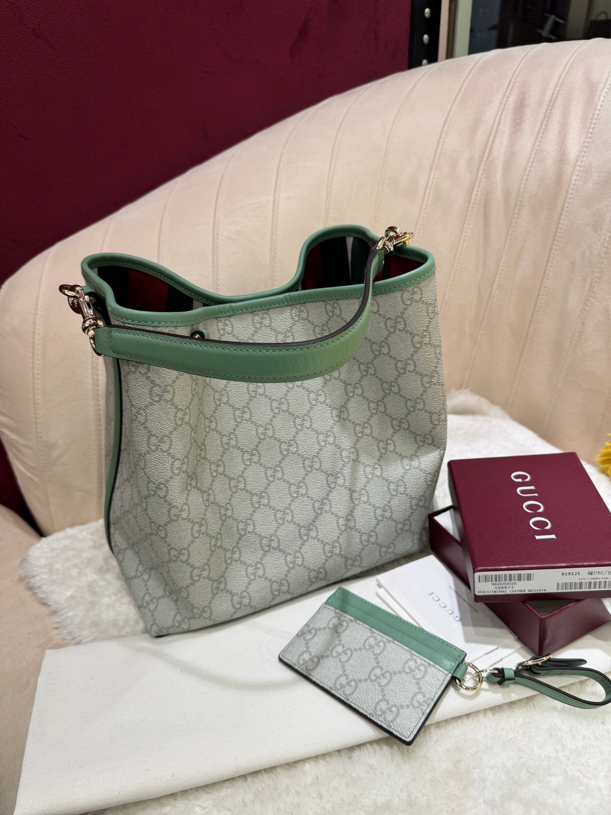 TOP GUCCI GG Emblen Bucket Bag 25x25x15.5cm Cowhide - Gray&Green
