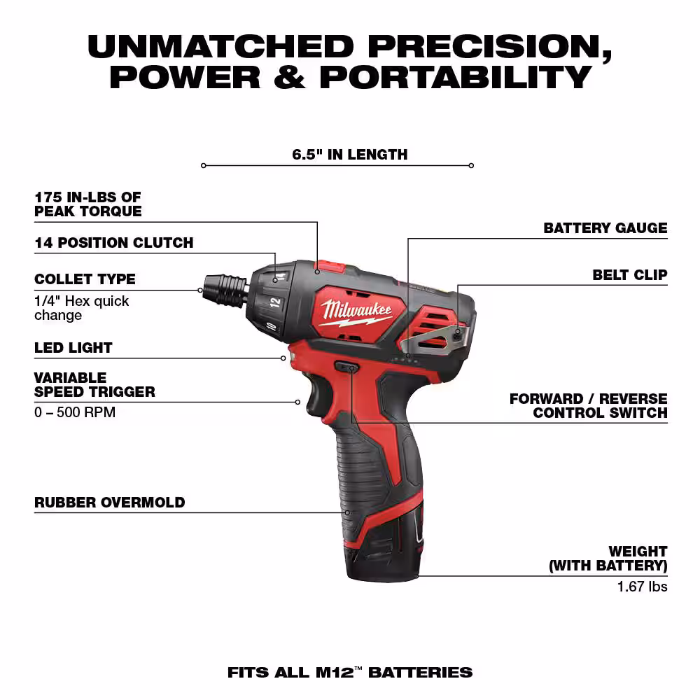 M12 12V Lithium-Ion Cordless 1/4 in. Hex Screwdriver Kit with SHOCKWAVEDriver Bit Set (45-Piece)