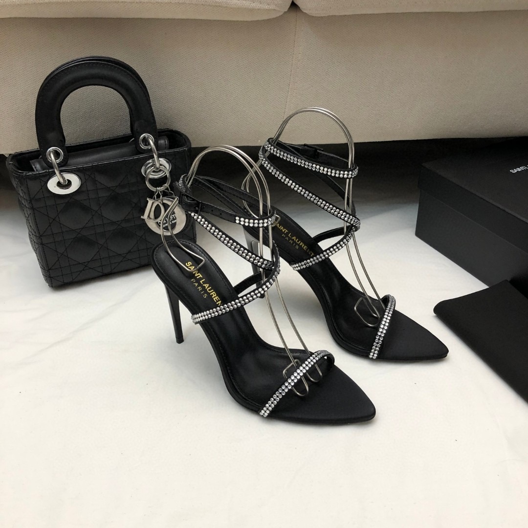 Saint Laurent YSL Rhinestone Set With Buckle Heels 10.5CM Slide Sandal (Replica)