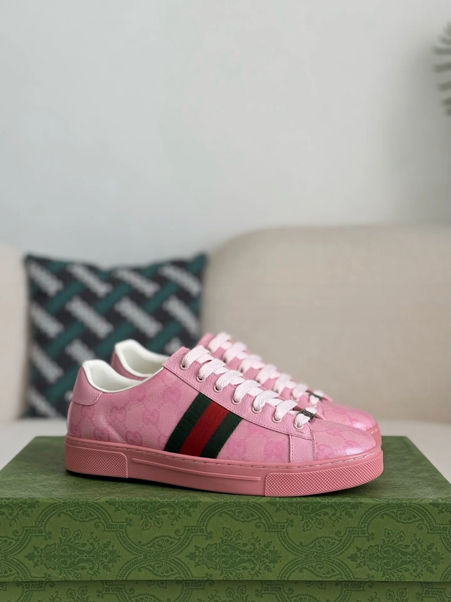 AAAShoes Pink Monogram Canvas Low Top Sneakers Web Stripe Casual Flat Skate Shoes For Women