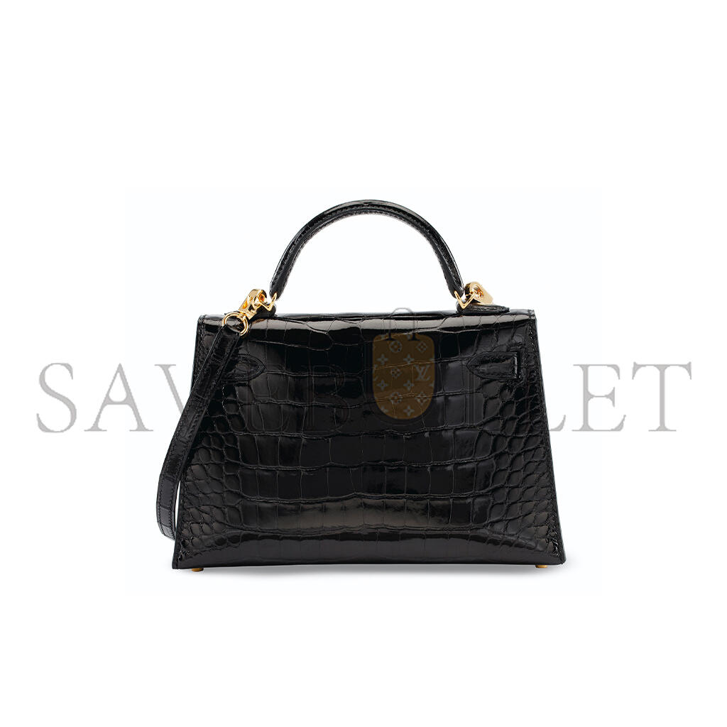 HERMÈS A SHINY BLACK ALLIGATOR SELLIER MINI KELLY 20 II WITH GOLD HARDWARE (19*12*5.5cm)