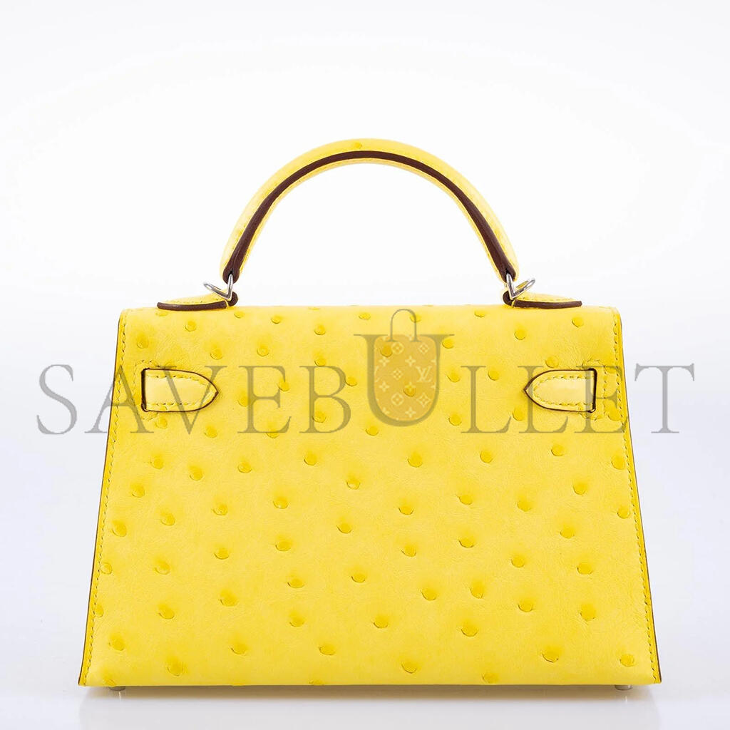 HERMÈS MINI KELLY II SELLIER JAUNE CITRON OSTRICH PALLADIUM HARDWARE (19*12*5.5cm)
