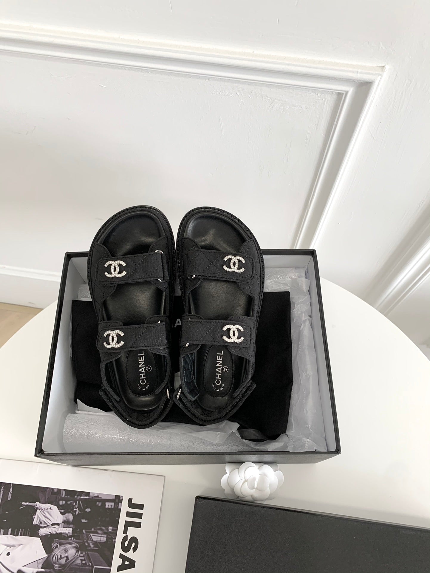TOP CHANEL Dad Sandals Canvas Strappy Stones Logo - Black