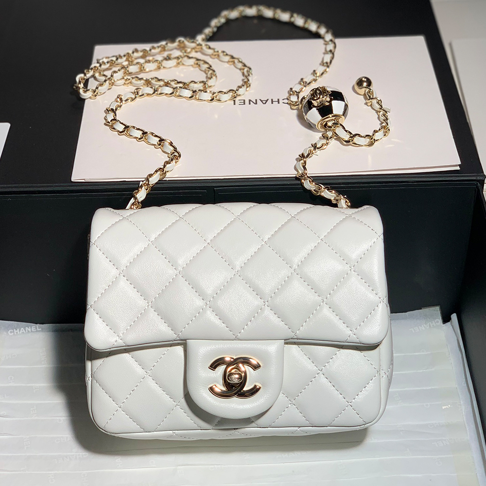 Chanel Classic Flag Bag Pearl Crush Mini Square Flap Bag White   Light Gold Hardware
