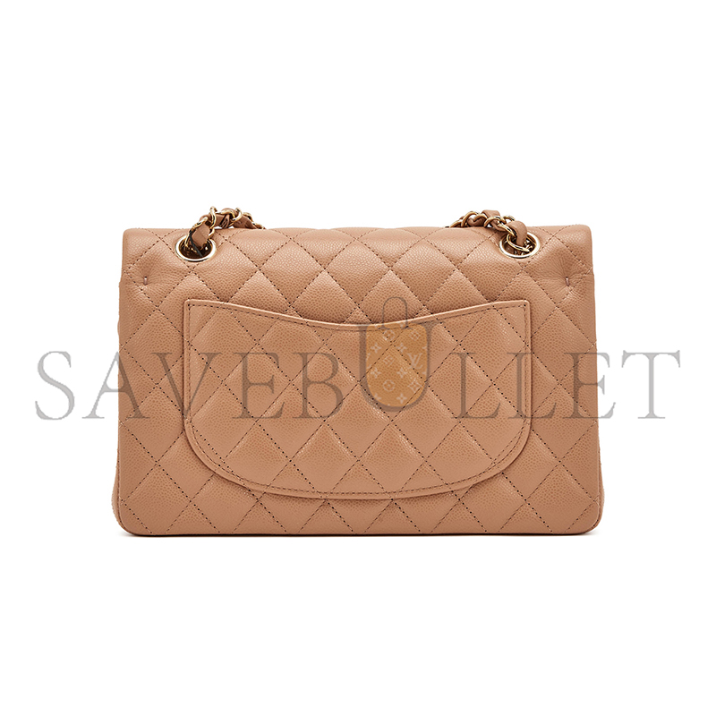 CHANEL QUILTED CAVIAR SMALL CLASSIC DOUBLE FLAP BAG DARK BEIGE 203204 (23*14.5*6cm)