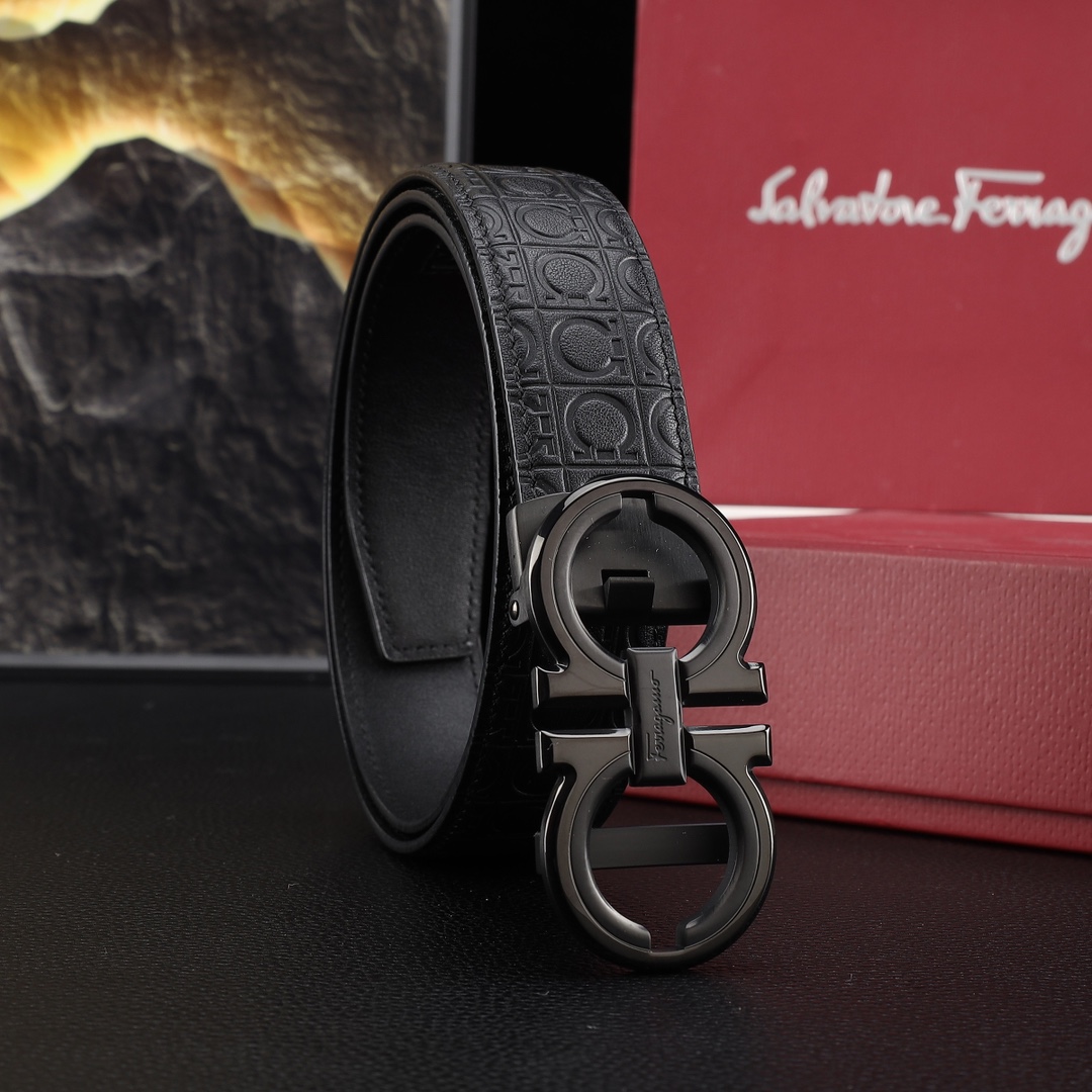 Salvatore Ferragamo Unisex Embossed Leather Automatic Belt, Classic Gancini Metal Buckle, Men Women Fashion Waist Belt