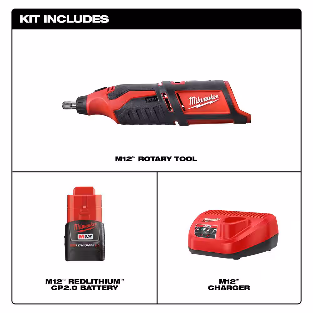 M12 12V Lithium-Ion Cordless Rotary Tool w/Compact Battery Pack 2.0Ah and Charger Starter Kit
